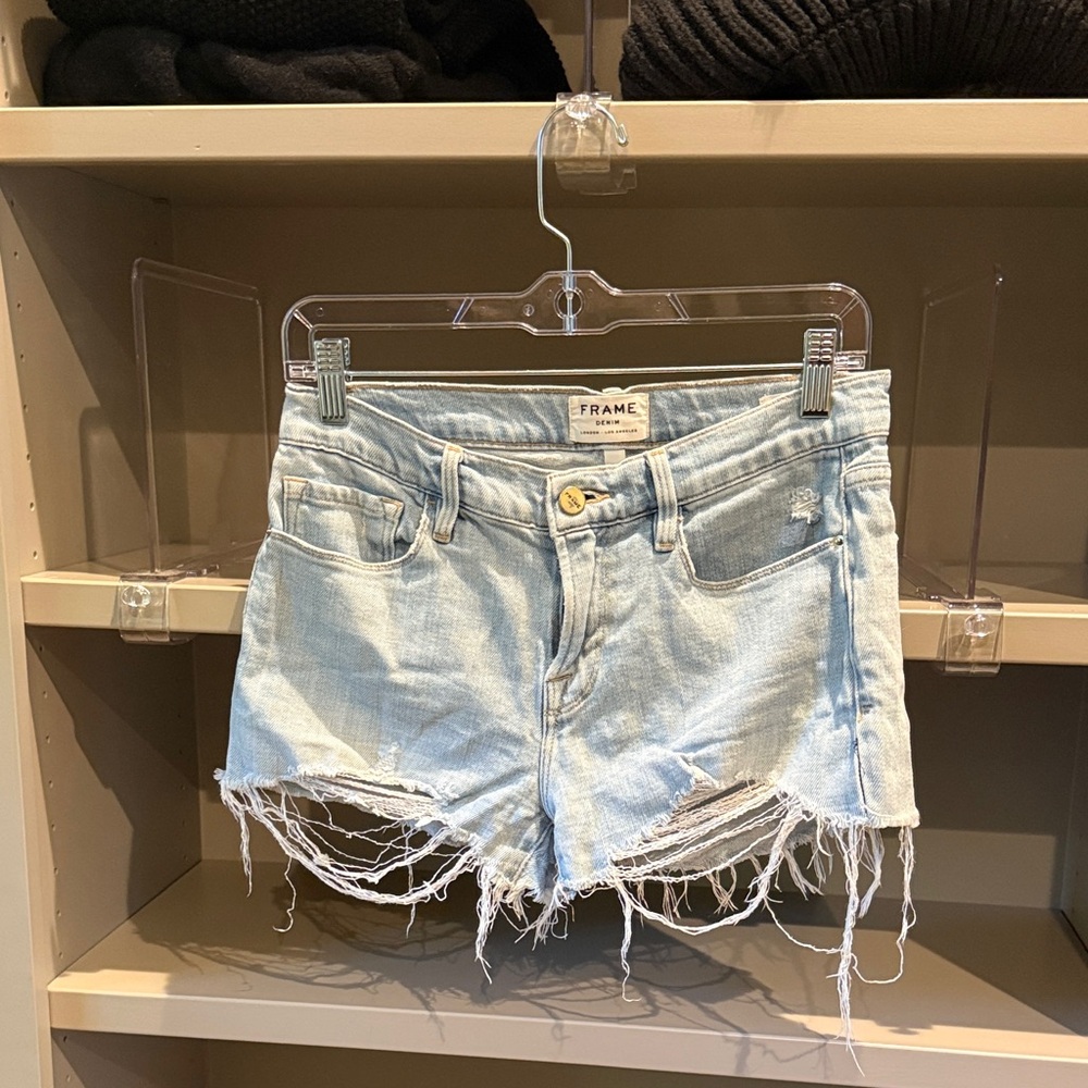 Frame Denim Distressed Light Blue Jean Shorts